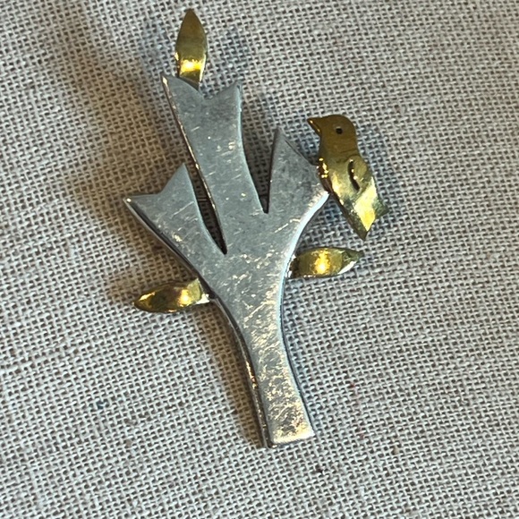 Vintage TAXCO Sterling Silver Brass Tree, leaves and Birds Brooch - Picture 3 of 7